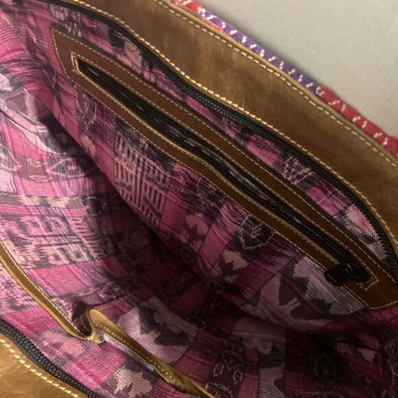 Woven Handmade Multicolor Boho Vegan Leather Trim Tote Bag - Picture 7 of 12